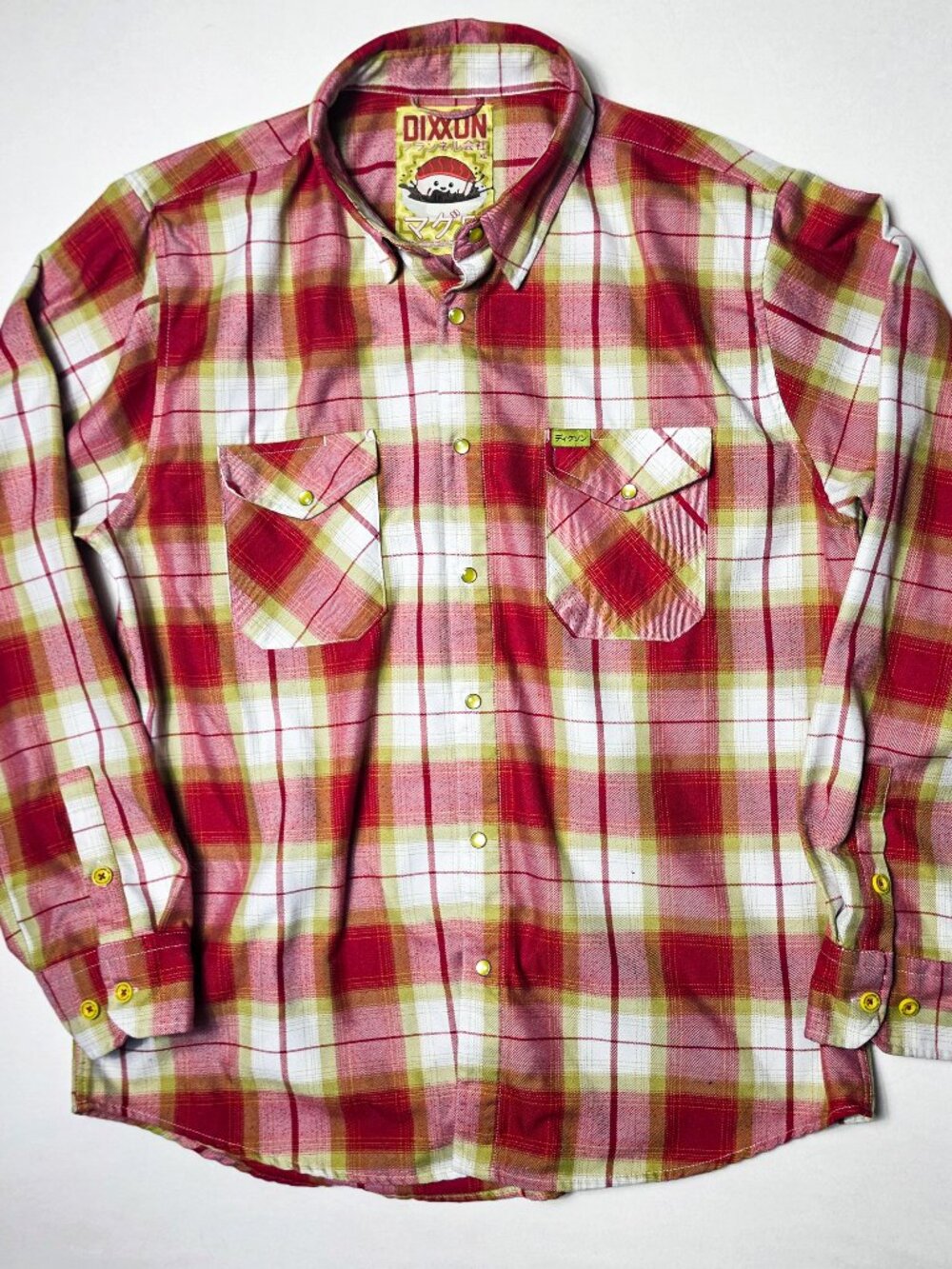 XL Dixxon Flannel co the Maguro plaid pearl snap button mens shirt red gold
